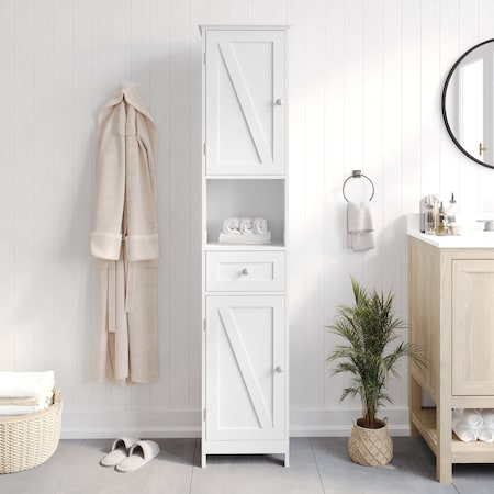 Flash Furniture Dune Farmhouse Freestanding Bathroom Linen Tower Cabinet w/Magnetic Close Doors, 2 Adjust Shelves FS-BATH-6-WH-GG